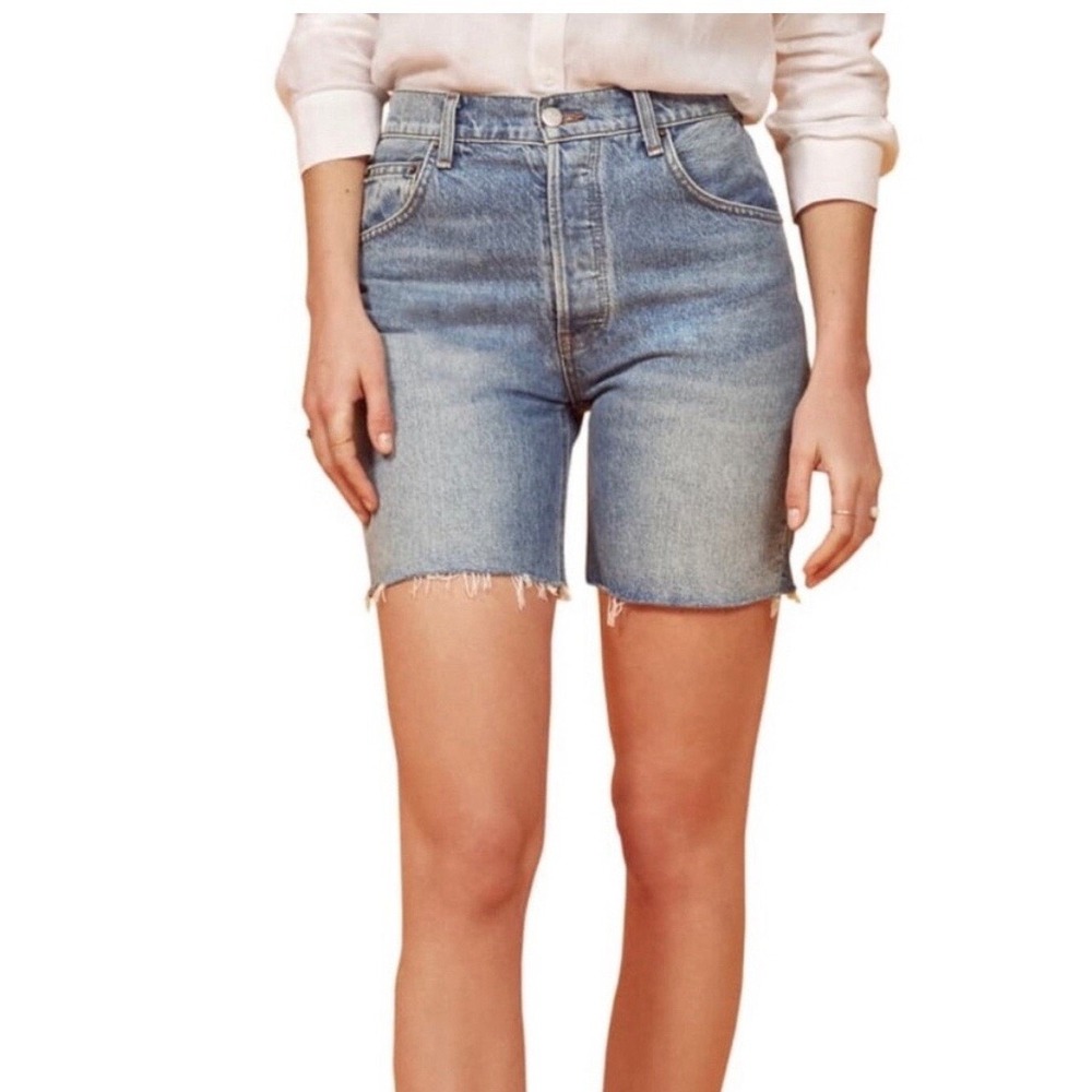 Reformation Allie Jean Short Shasta Blue High Rise Raw Hem Denim Shorts Size 25
